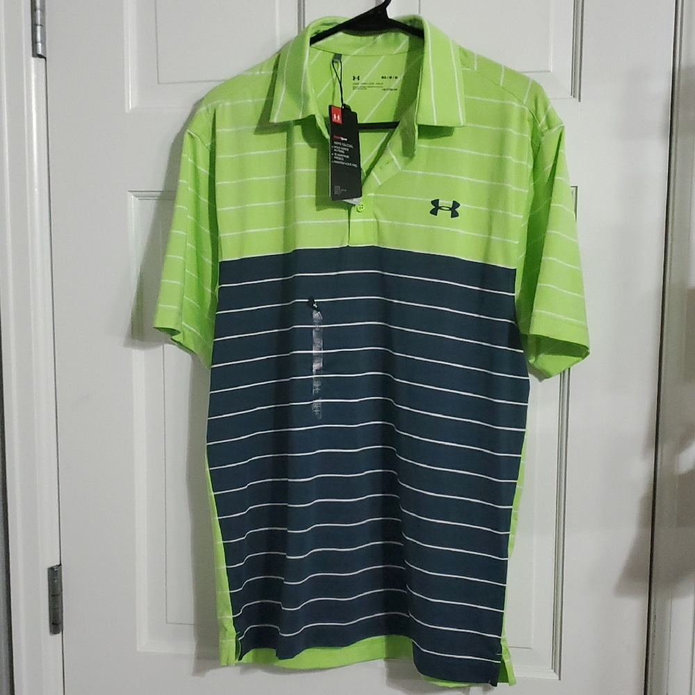 NWT Under Armour Heat Gear Men's Lime/Navy Striped Polo Sz M